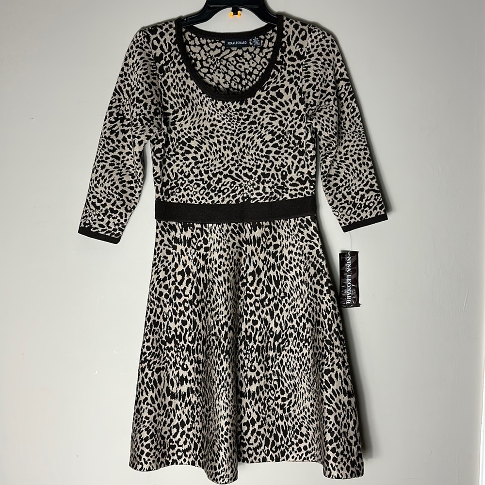 NWT Nina Leonard Women’s Leopard Print 3/4 Sleeve Knit Dress, Camel/Brown Size S